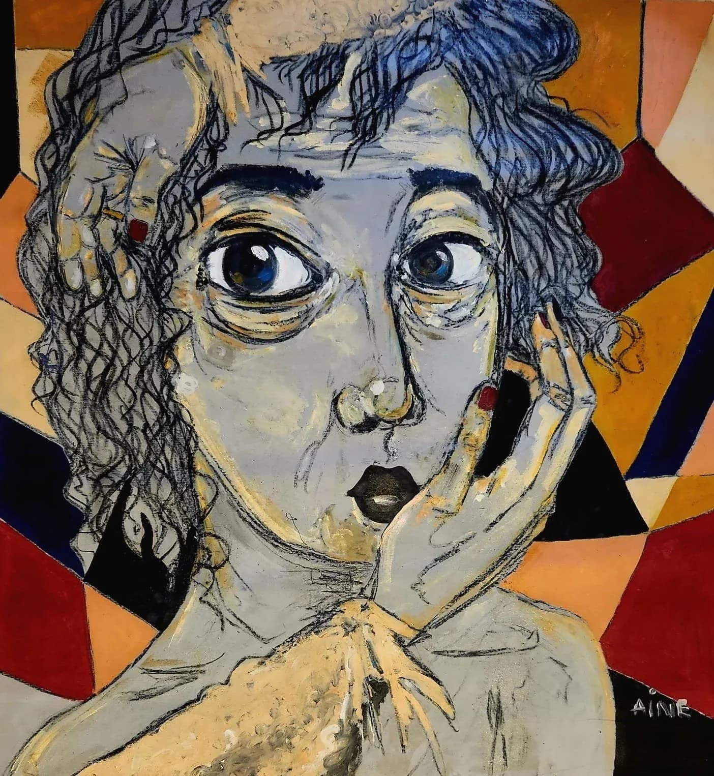 Mixed-media portrait of wide-eyed figure with black curly hair, yellow face, blue eyes, against geometric colorful background.