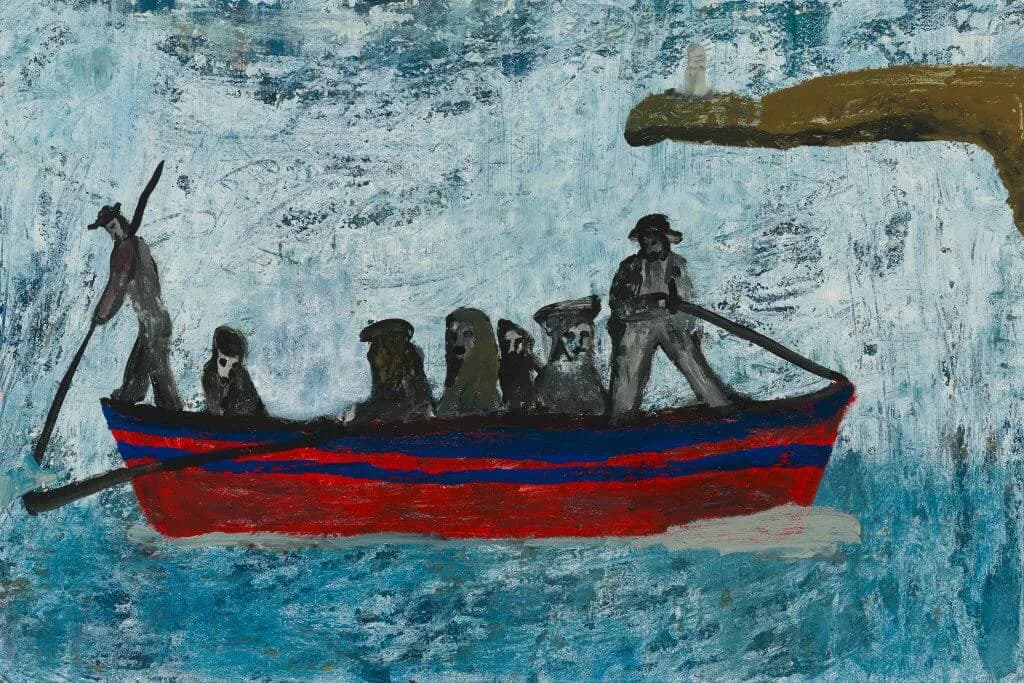 Mixed-media painting depicting a red boat filled with silhouetted figures on turquoise-blue water with weathered, textured surface.
