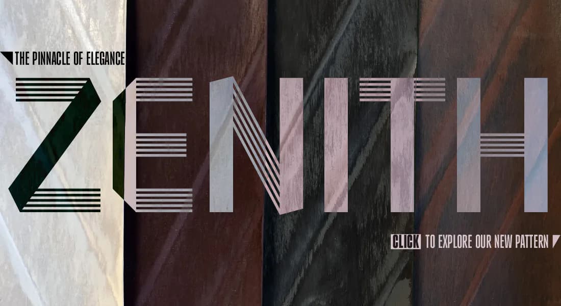 Promotional banner with striped typography spelling 'ZENITH' overlaid on dark wood textures, labeled 'The Pinnacle of Elegance' with call-to-action for new pattern.