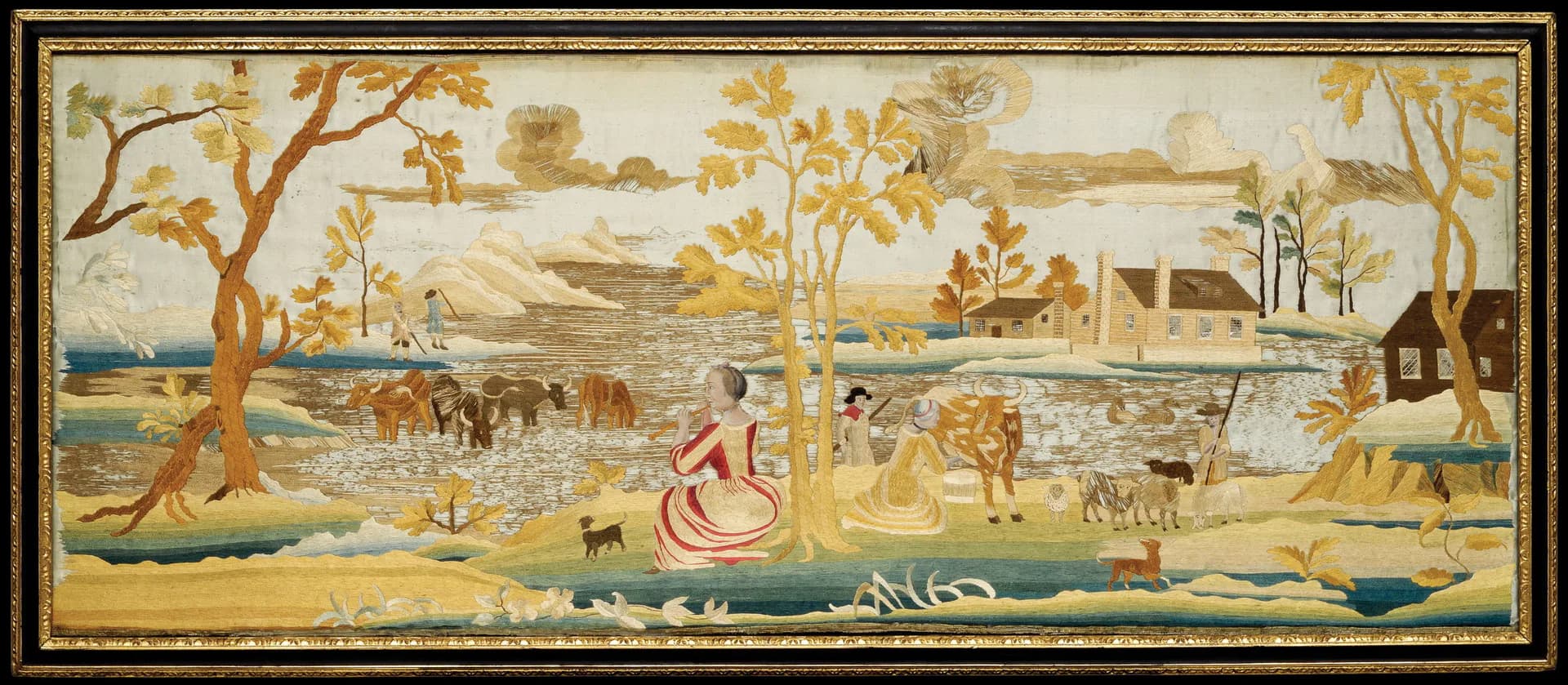 Horizontal naive painting depicting a riverside settlement with boats, figures, and trees in warm ochre, blue, and brown tones.