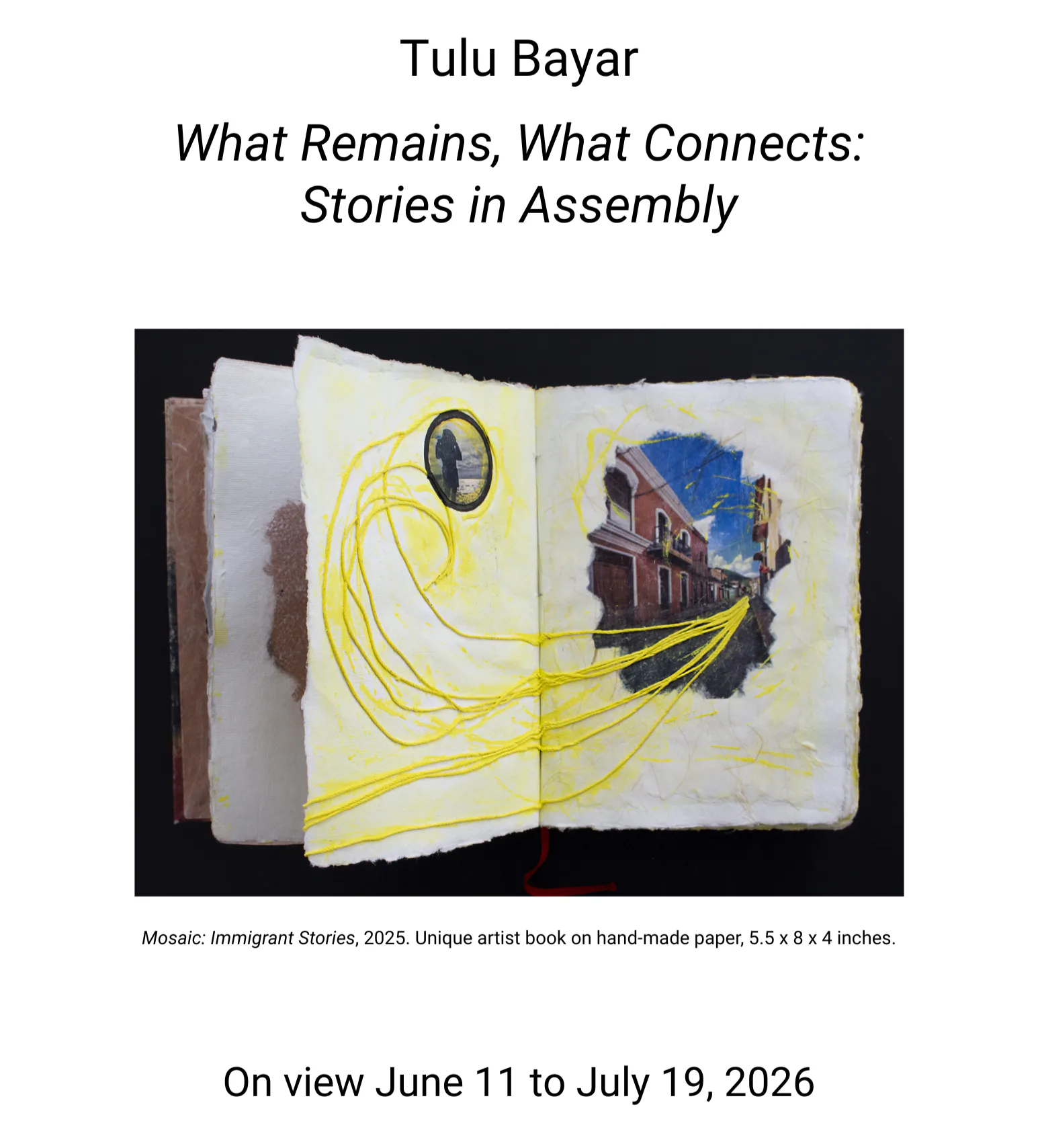 Open artist book with hand-made pages showing yellow line drawings connecting a circular portrait to an architectural building image, 5.5 x 8.4 inches.