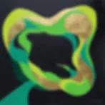 Neon art installation featuring intertwined curves in bright green and yellow-gold against black background, abstract sculptural form.