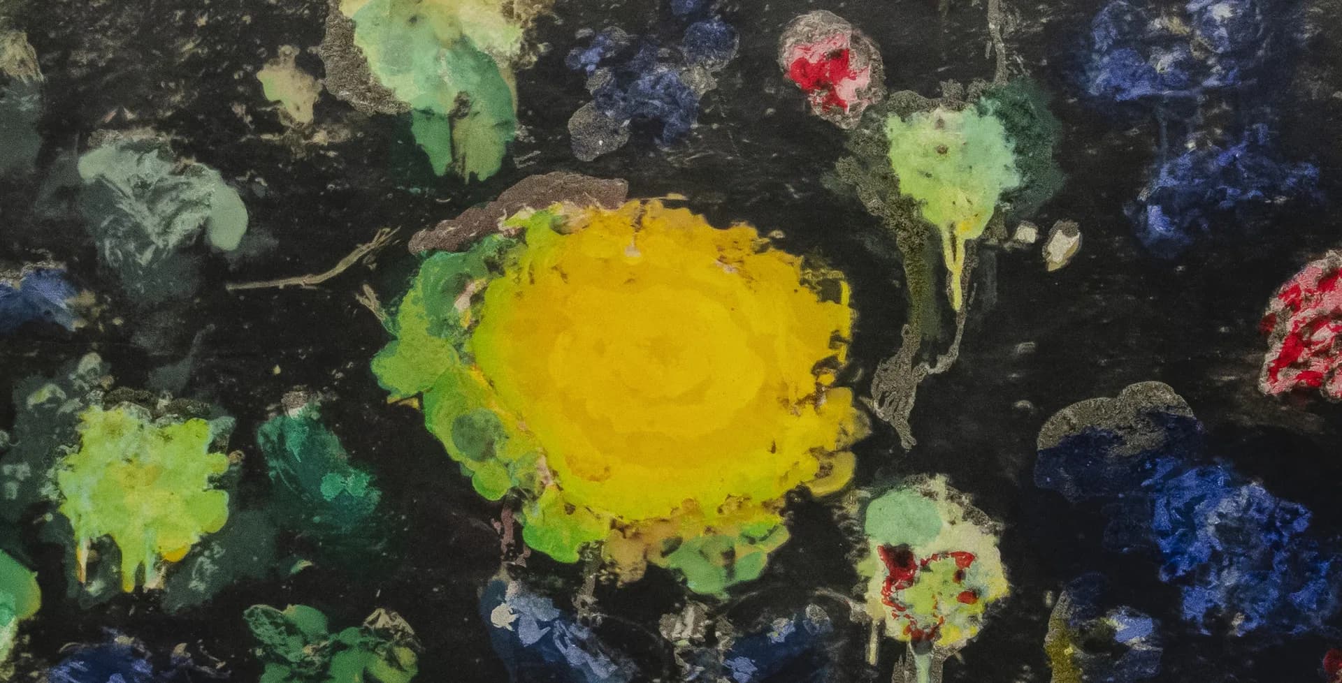 Mixed-media artwork with organic, clustered forms in vibrant yellow, green, blue, and red against a dark background, resembling cosmic or cellular structures.