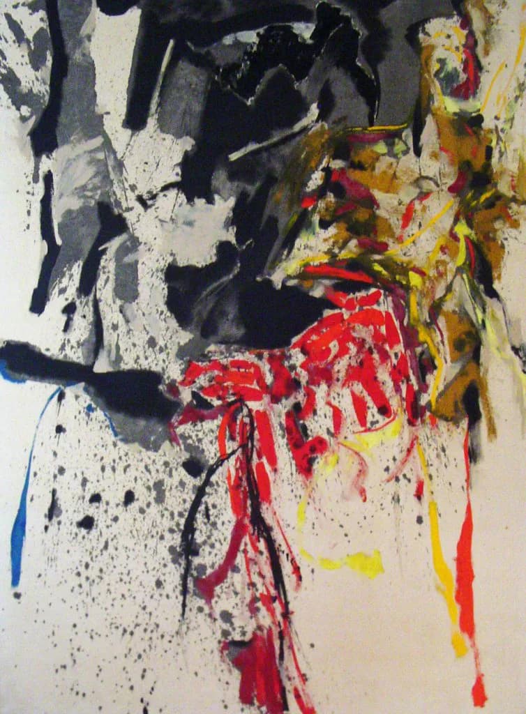 Abstract mixed-media painting with gestural black strokes, white splashes, and drips of red, yellow, and blue on cream background.