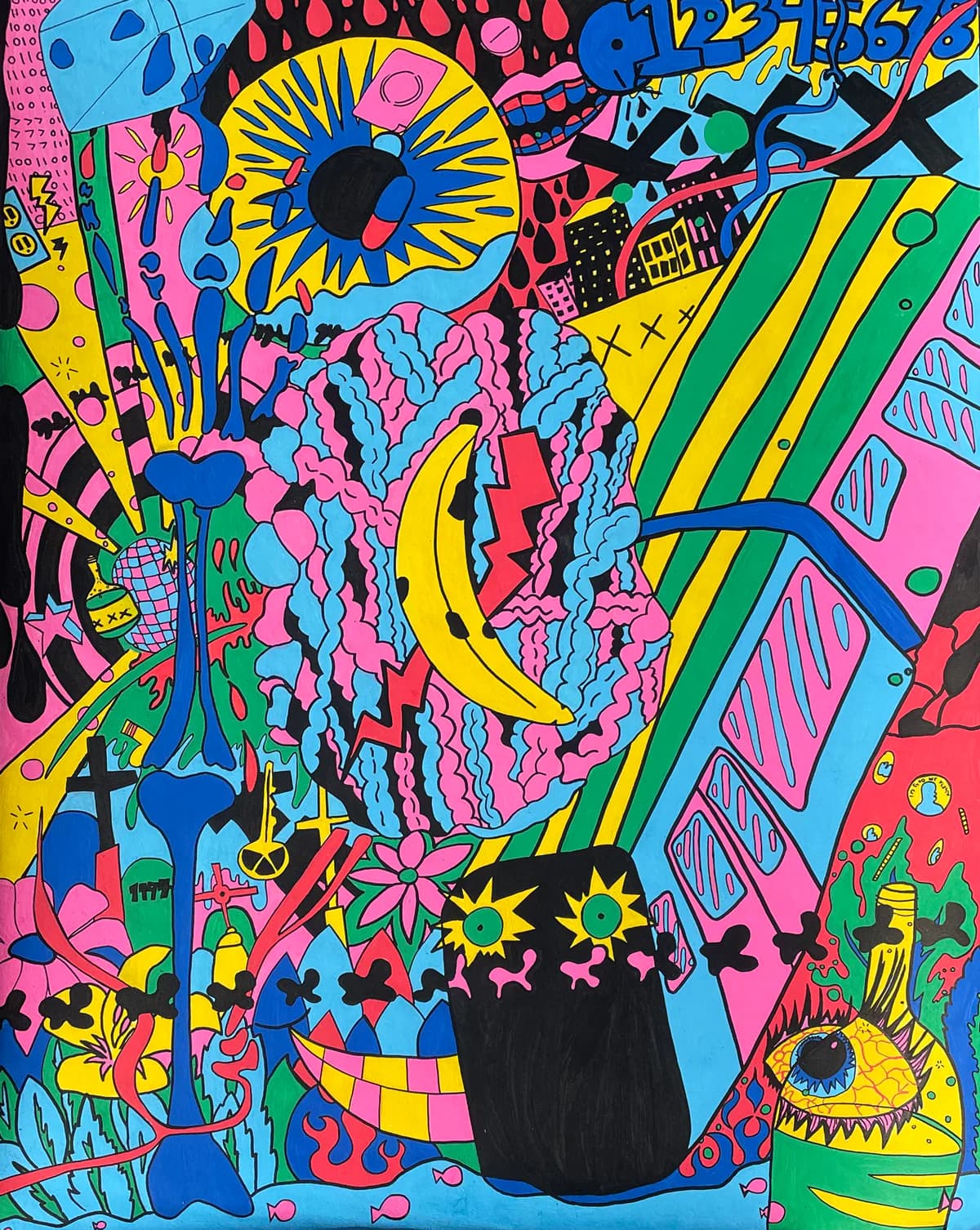 Vibrant abstract mixed-media painting with neon pink, blue, yellow, and green layered shapes, geometric patterns, and a large eye motif.