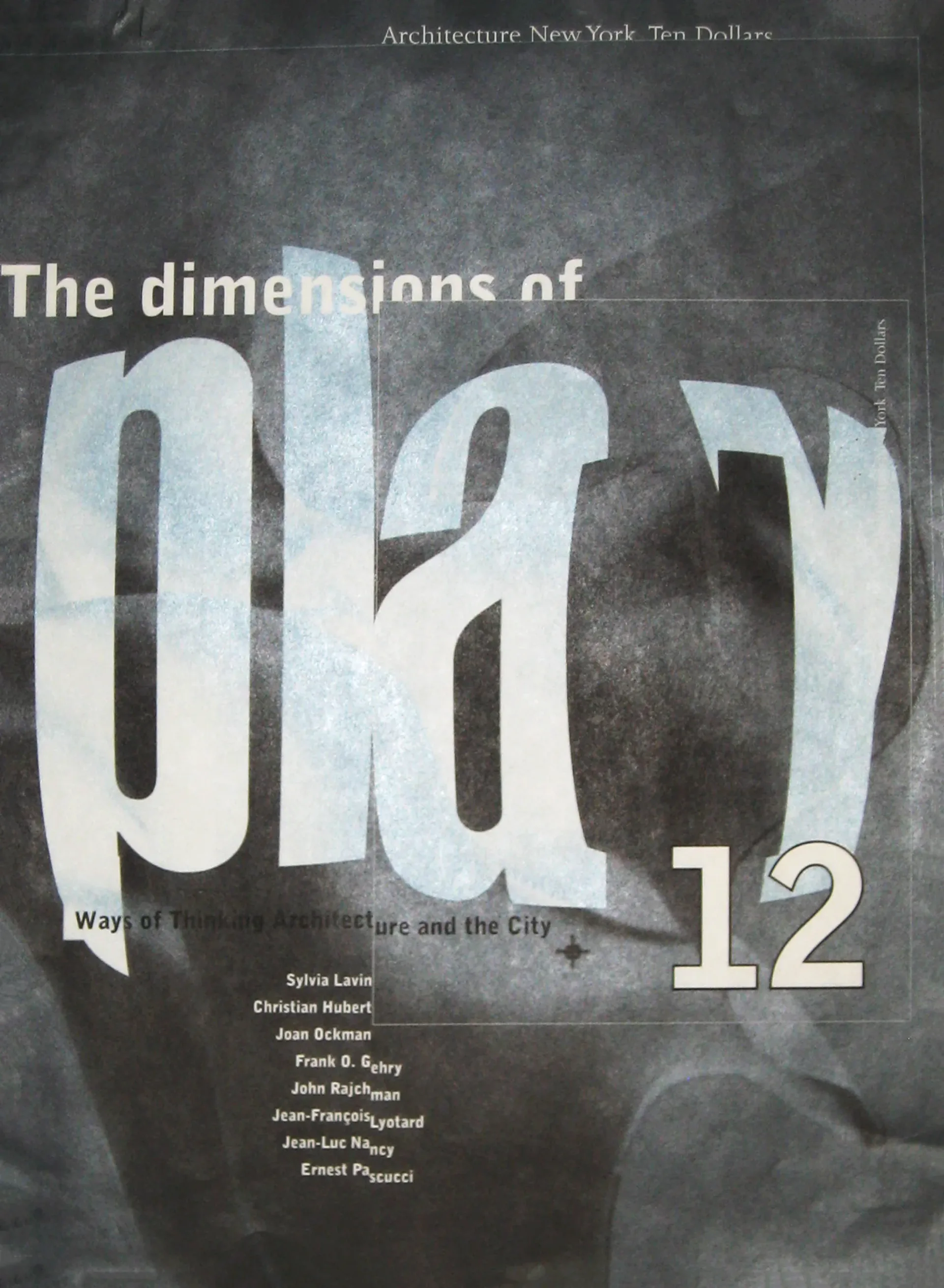 Architecture New York publication cover with large white typography reading 'The dimensions of 012' on a weathered gray textured background.