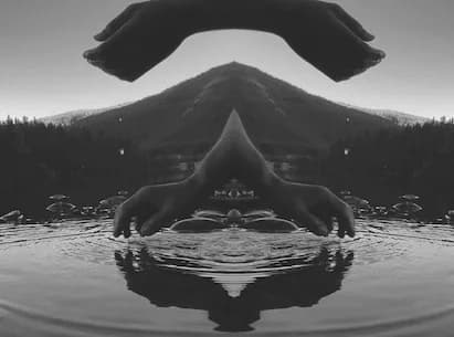 Black and white symmetrical artwork featuring a snow-capped mountain reflected in water with mirrored composition.