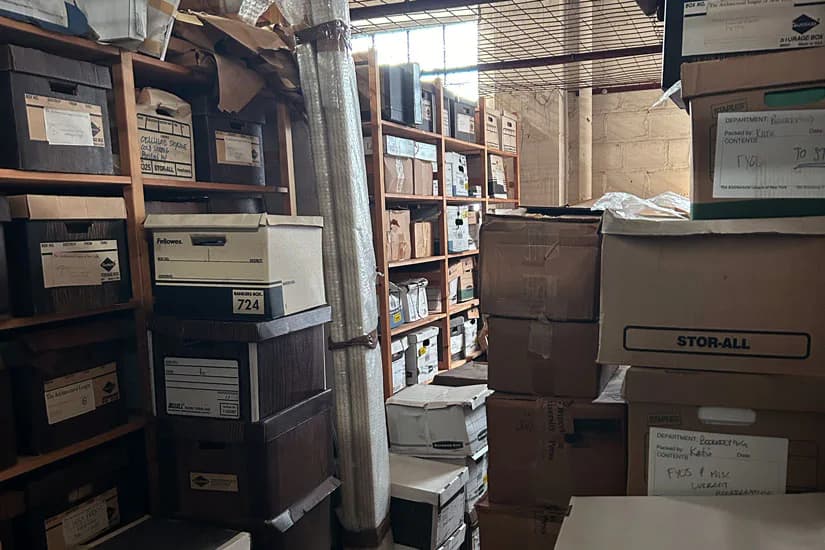 Interior storage space with wooden shelving units holding brown archival boxes and document storage containers.