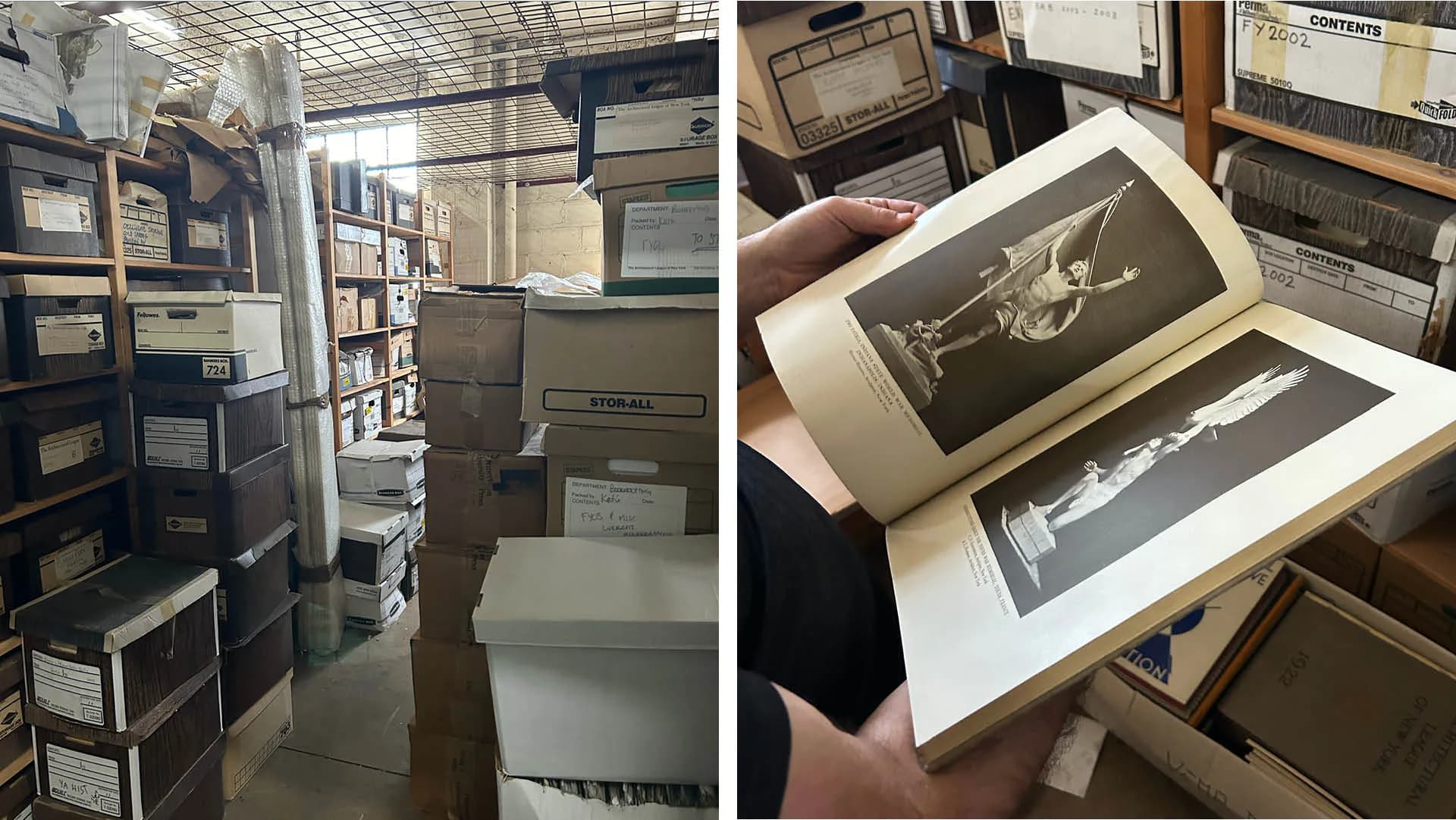 Two-panel image showing archival storage: shelving units with boxes on left; hands opening folder with vintage black-and-white photographs on right.