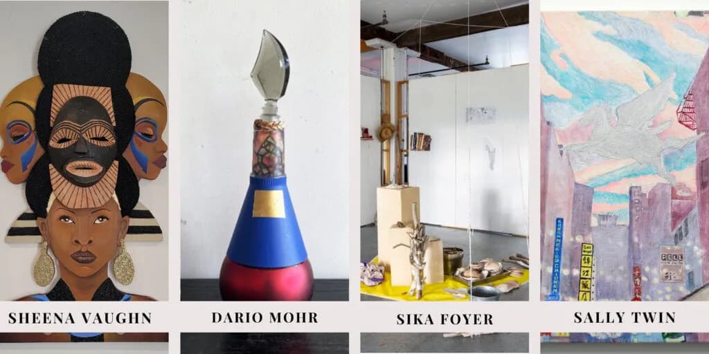 Four artworks: wooden sculptural head mask with earrings, blue-and-gold cone-shaped ceramic vessel, white minimalist gallery interior with shelving, and abstract pink-and-blue-toned painting.