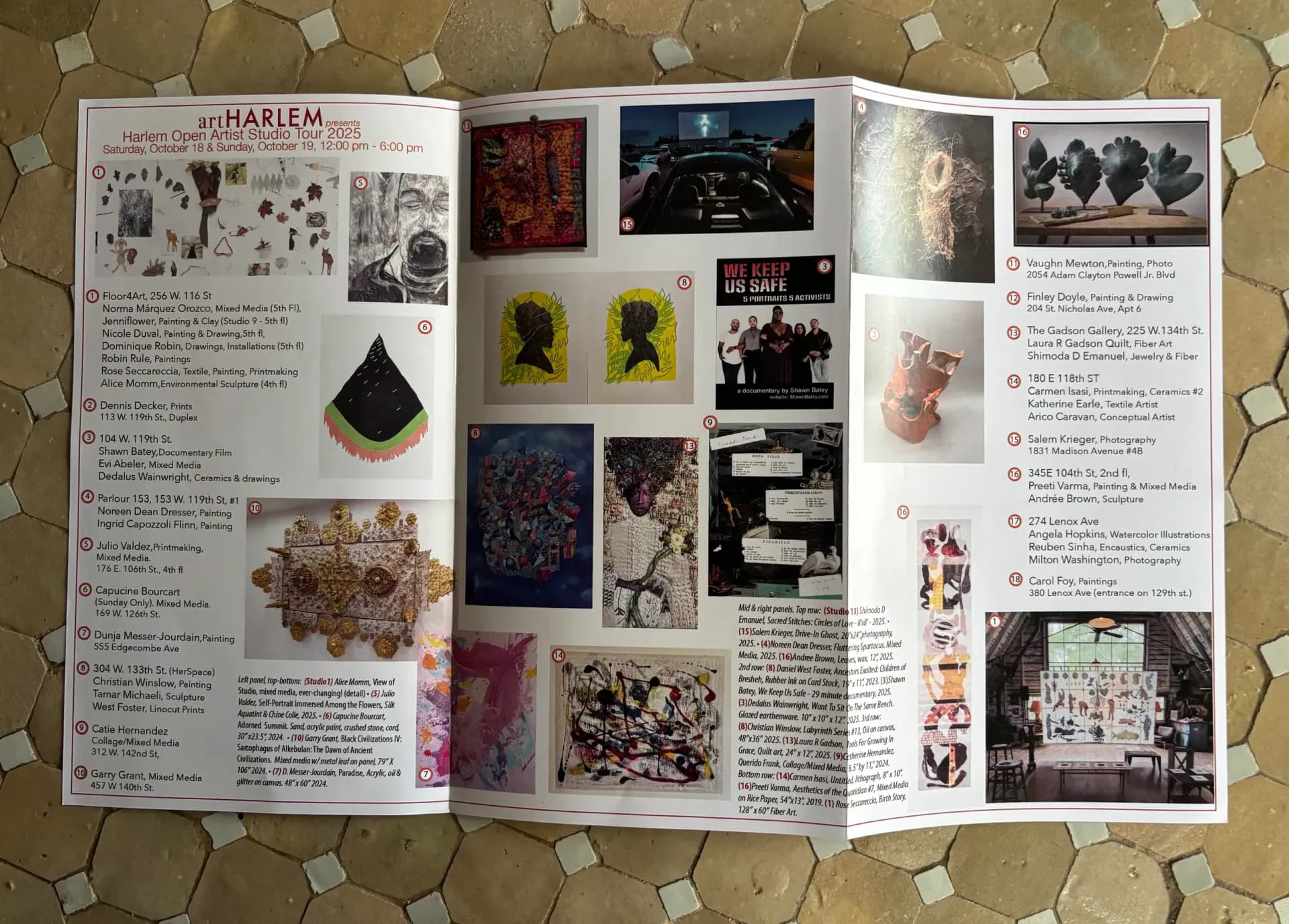 Magazine spread featuring artHARLEM exhibition with mixed layouts of photographs, text, artwork images, and a map on cream background.