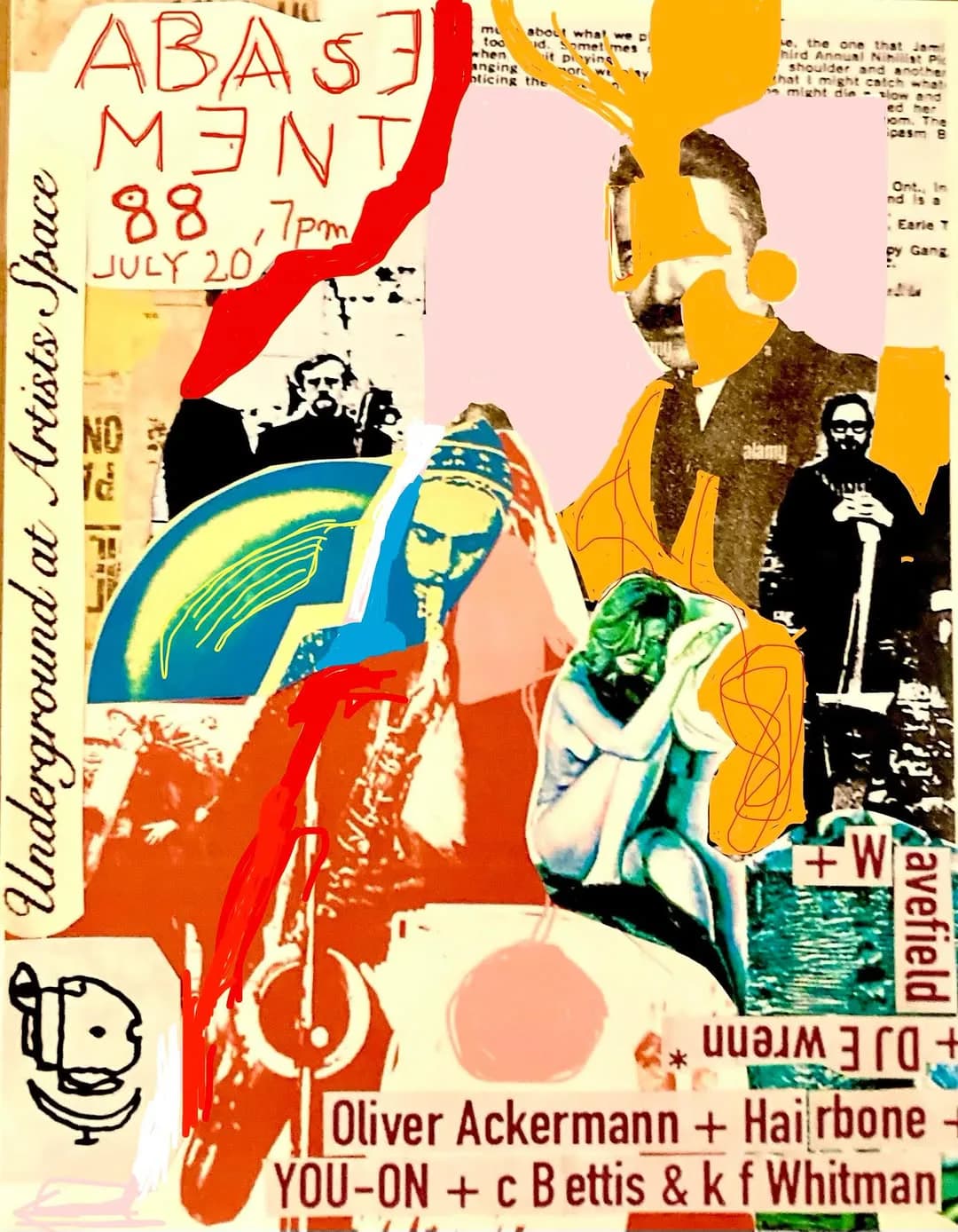Colorful collage poster with layered images, red geometric shapes, text including "ABAS" and artist names, featuring figures and musical elements on cream background.