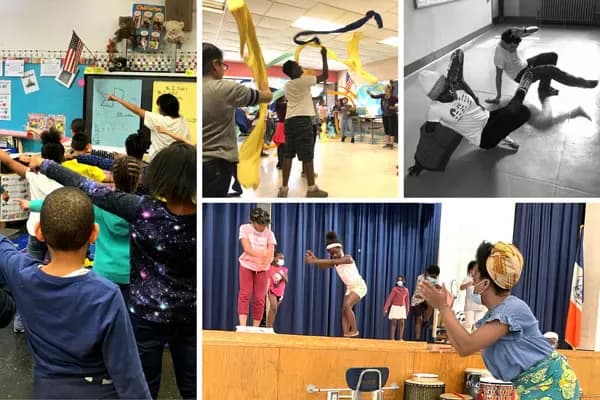 Grid of six photographs showing children engaged in various arts activities: visual art, movement, skateboarding, performance, and classroom instruction.