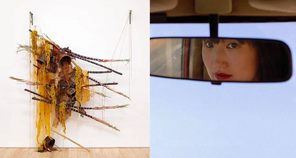 Two artworks: left shows an abstract sculpture of yellow and rust-colored tangled fibers and materials; right depicts a woman's face reflected in a car's rearview mirror against a blue sky.