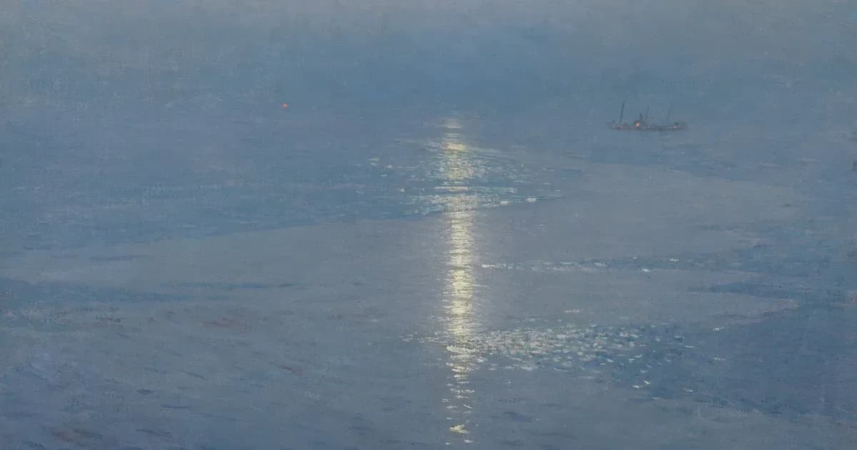 Serene seascape with moonlight reflecting on calm water, oil or acrylic painting in soft blue tones.