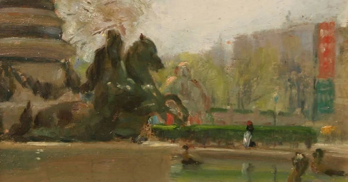 Urban park scene with figures on a bench and water features, impressionistic oil painting in muted earth tones.