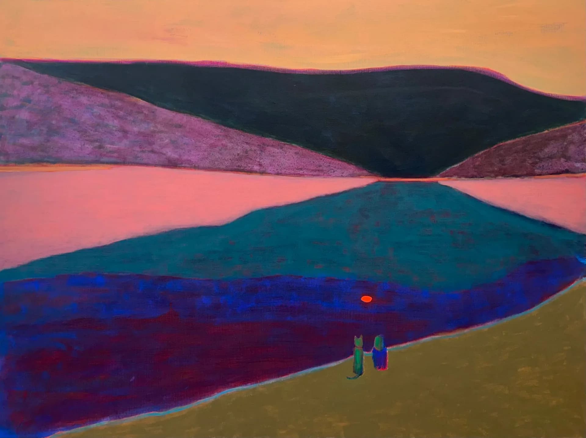 Abstract landscape painting with layered horizontal bands in pink, blue, purple, and ochre tones, with small figures on a sandy foreground beneath a warm sunset sky.