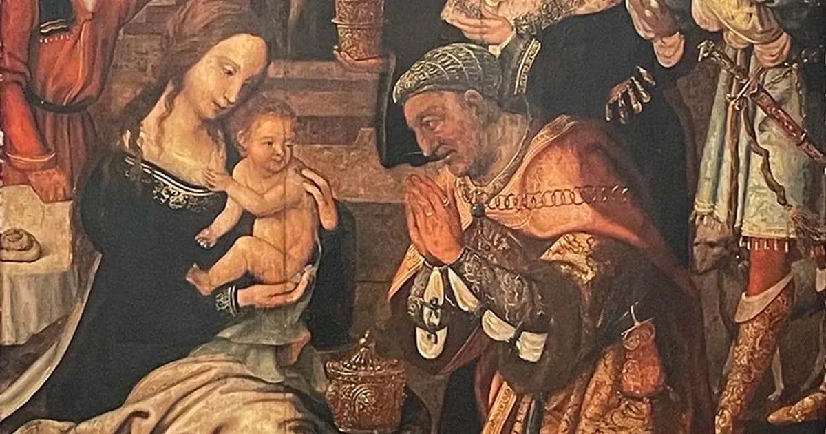 Renaissance painting depicting the Adoration of the Magi, with Madonna holding infant Christ and richly robed kings presenting gifts in warm earth tones.