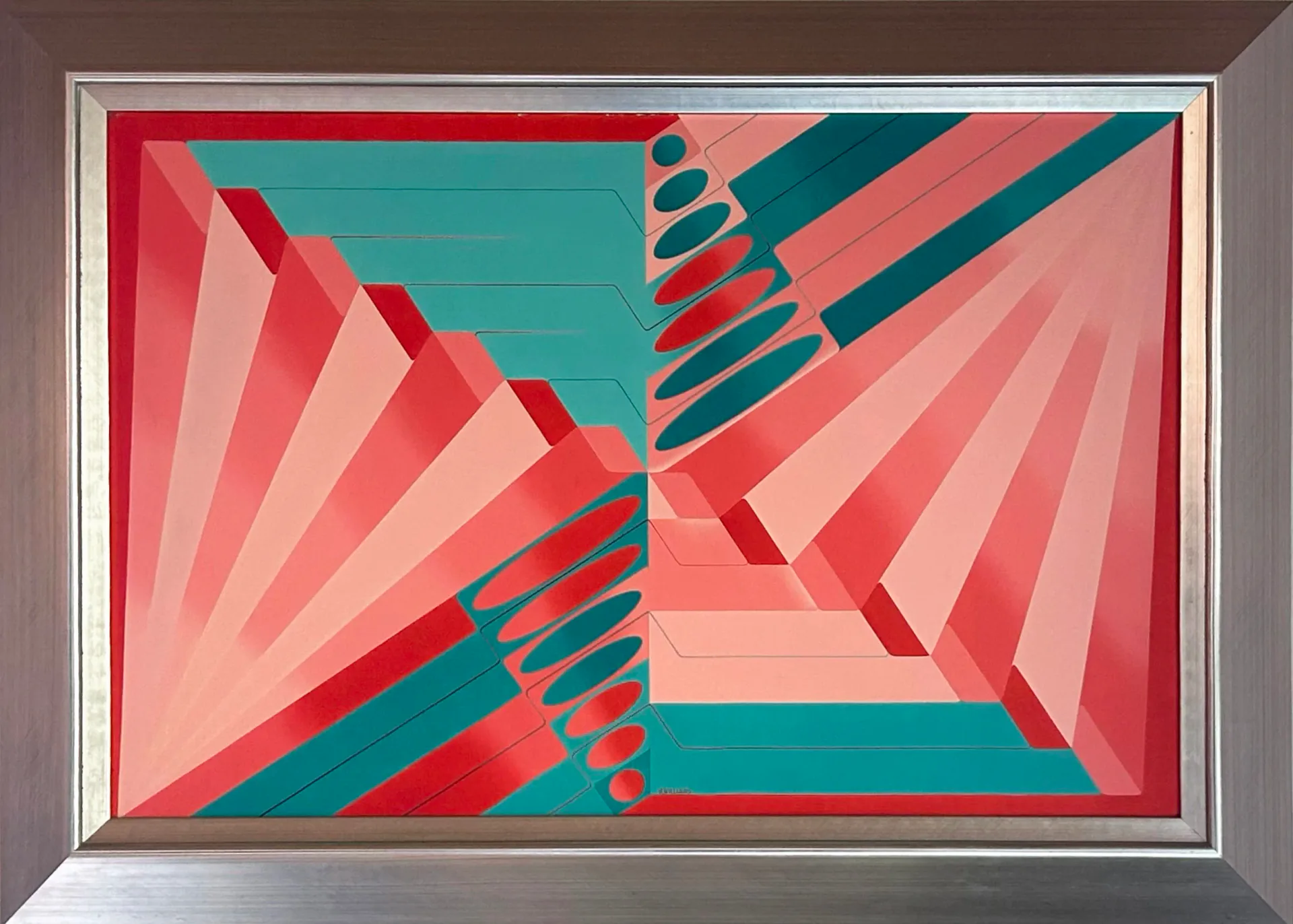 Framed geometric abstract painting with radiating red, pink, and teal shapes creating a symmetrical op-art composition with folded plane illusions.