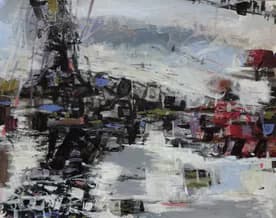 Mixed-media abstract painting with heavily layered geometric shapes and muted palette of grays, blacks, greens, and muted yellows.