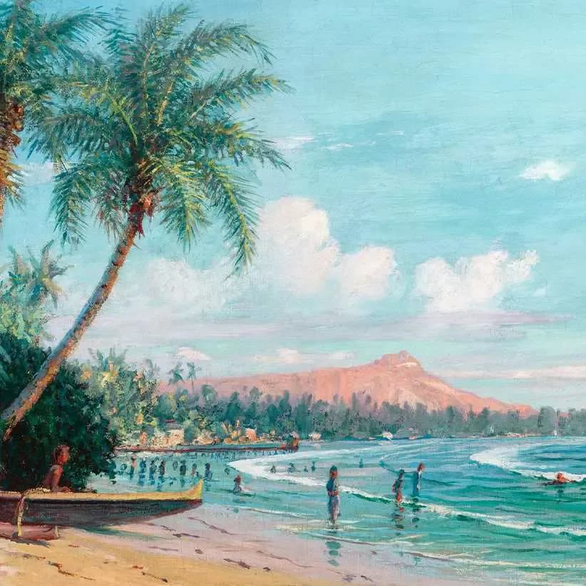 Vintage-style painting of a tropical beach scene with palm tree, turquoise water, swimmers, and reddish mountain in background.