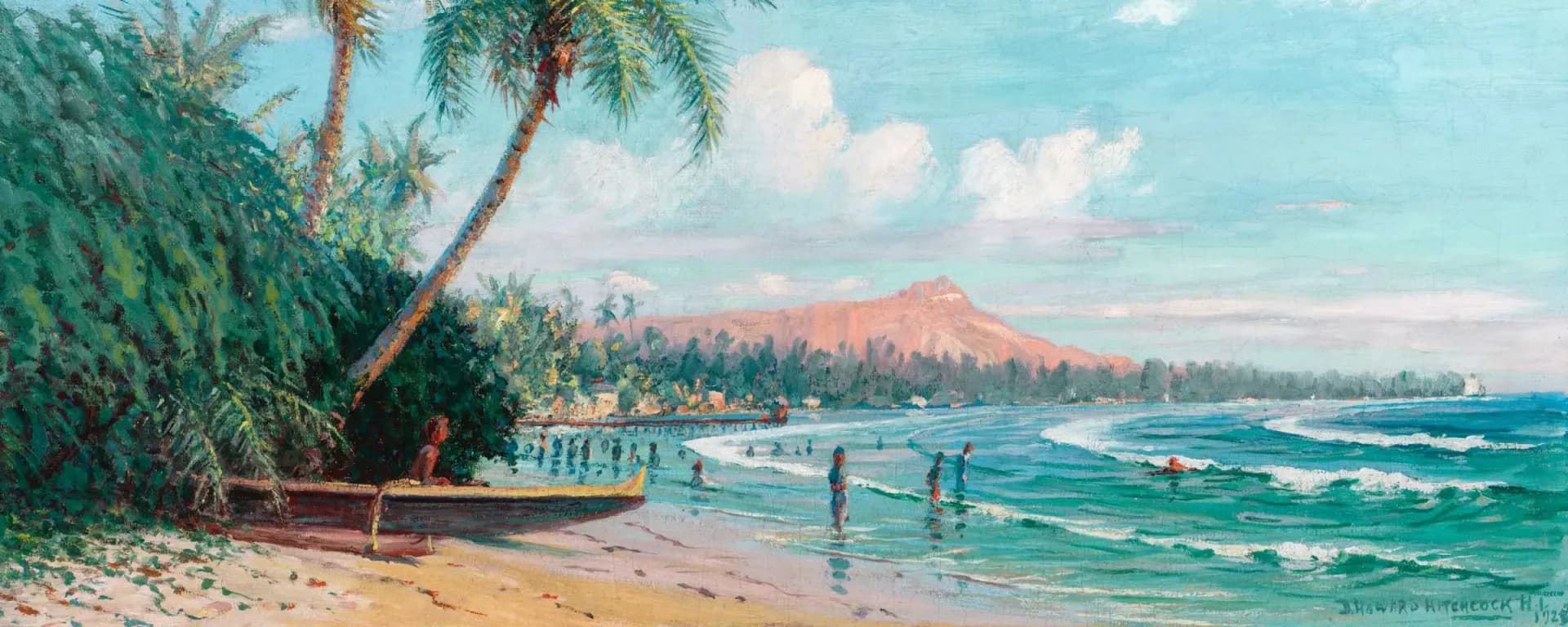 Oil painting of a Hawaiian beach with palm tree, traditional canoe, swimmers, and volcanic mountain under cloudy sky.