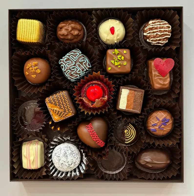 Assorted gourmet chocolates arranged in black compartments, featuring various shapes, toppings, and gold leaf decorations.