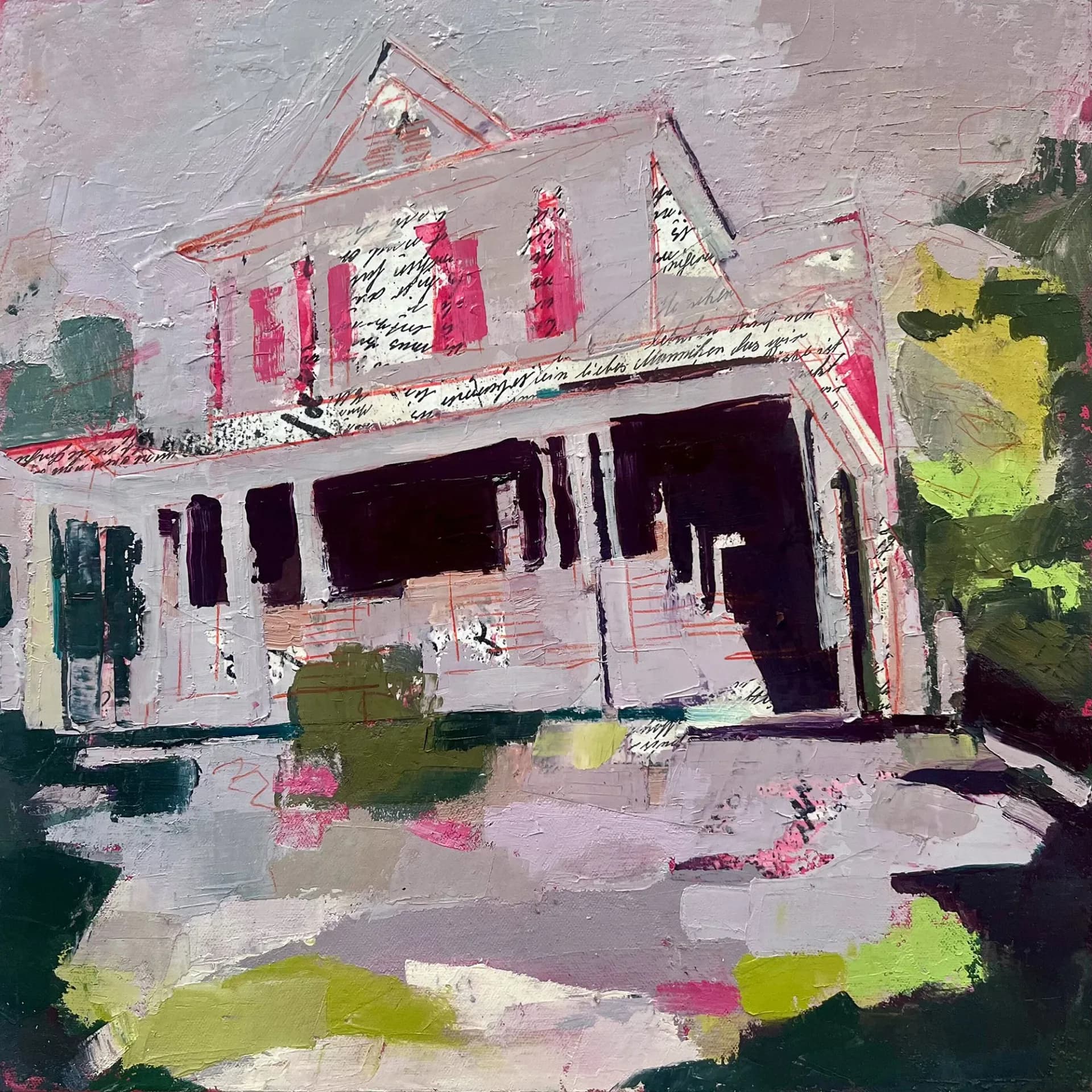 Abstract oil painting of a dilapidated pink and white house with dark openings, surrounded by muted green and lavender tones.
