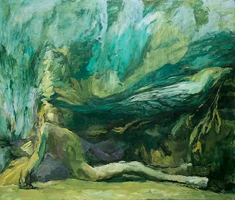 Abstract painting dominated by swirling greens, teals, and yellows suggesting a natural grotto or cave-like form.