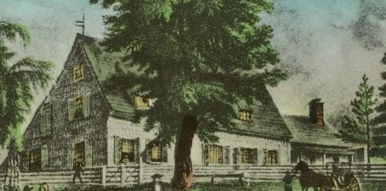 Hand-colored engraving of two colonial-era farmhouses with white picket fencing, large tree, and horse-drawn carriage in pastoral setting.