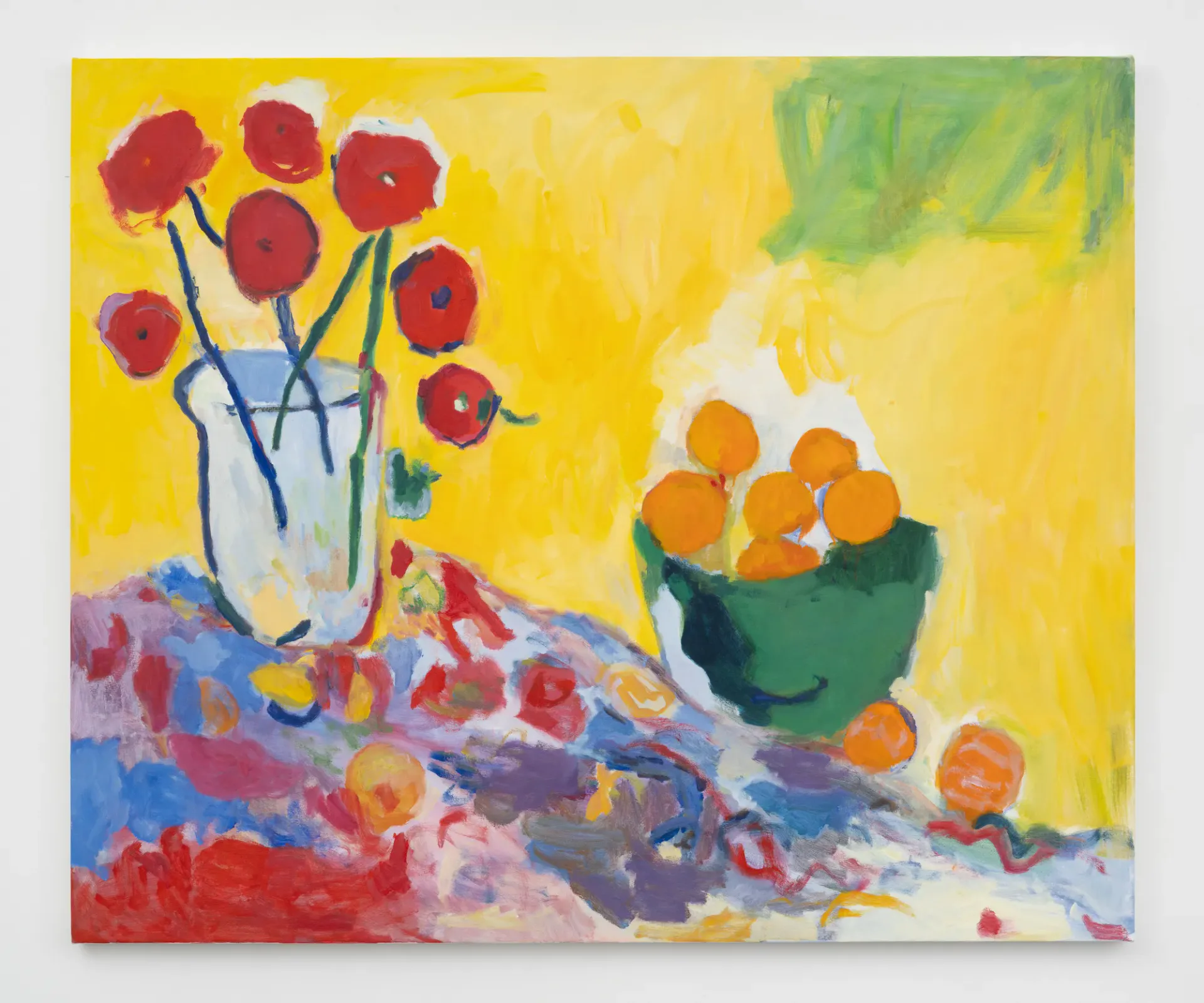 Vibrant still life painting featuring red flowers in vase and orange fruits in bowl with bold brushstrokes and layered color composition.