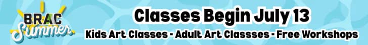Bronx River Art Center summer program announcement with blue wavy background, yellow logo, and black text promoting kids art classes, adult art classes, and free workshops beginning July 13.