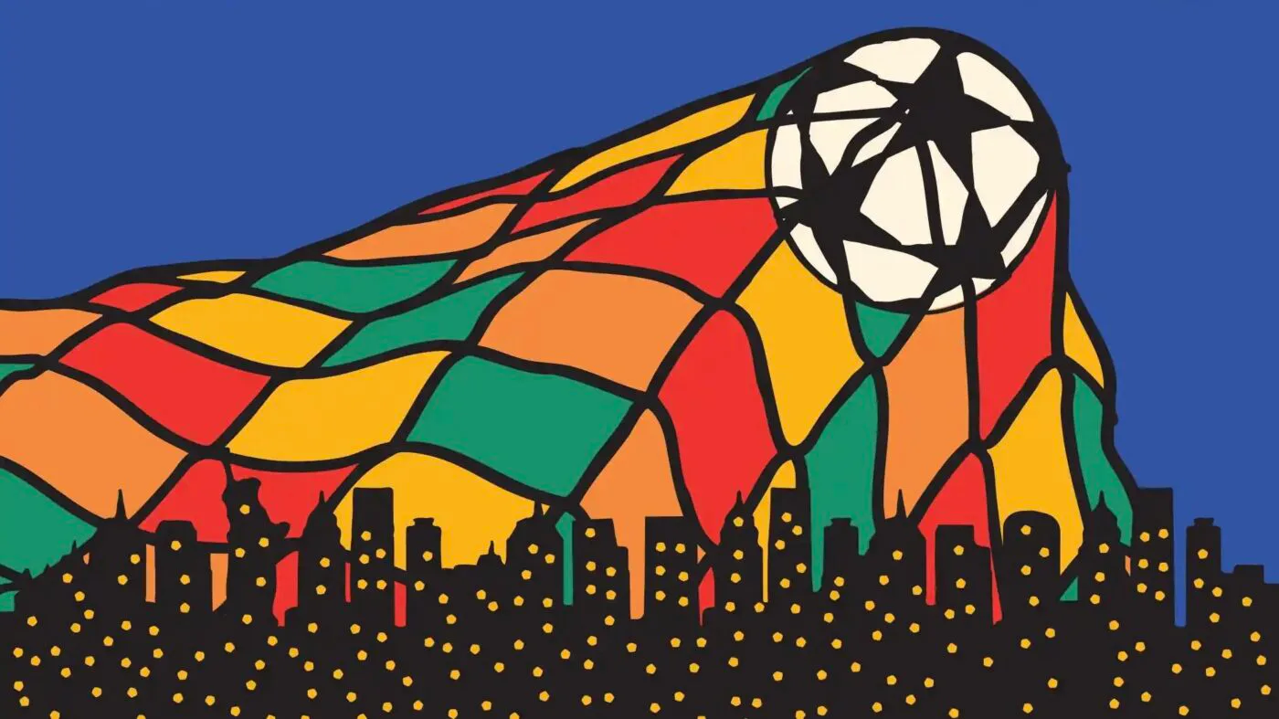Colorful stained-glass-style illustration of a soccer ball suspended above a city skyline, with red, yellow, orange, teal, and green geometric panes against a blue sky.