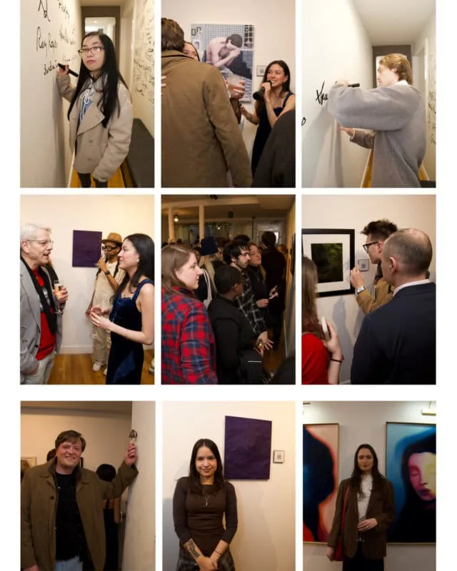 Gallery visitors examining artworks on display; abstract and figurative pieces visible on walls at Bushwick Gallery.