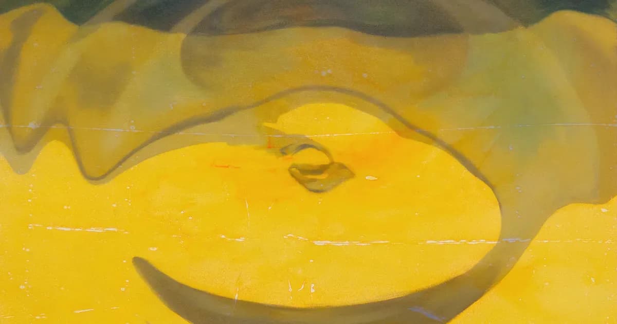 Abstract yellow sculptural form with organic, curved shapes and flowing contours against neutral background.