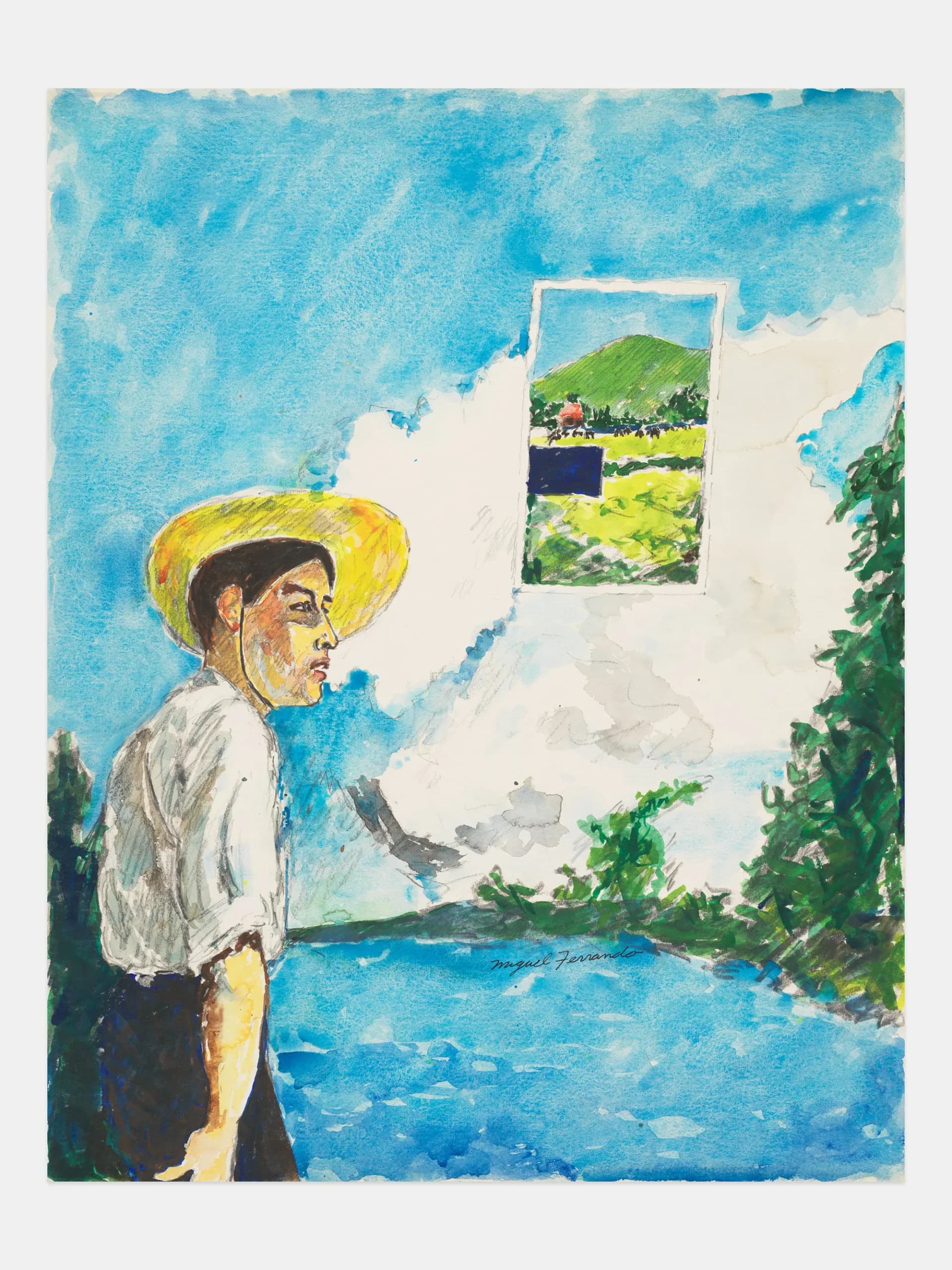 Mixed-media illustration featuring a figure in a yellow straw hat overlooking a blue landscape with water, vegetation, and a framed pastoral scene on a white wall behind.