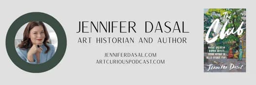 Professional headshot of Jennifer Dasal, art historian and author, with circular frame and text overlay listing her credentials and website.