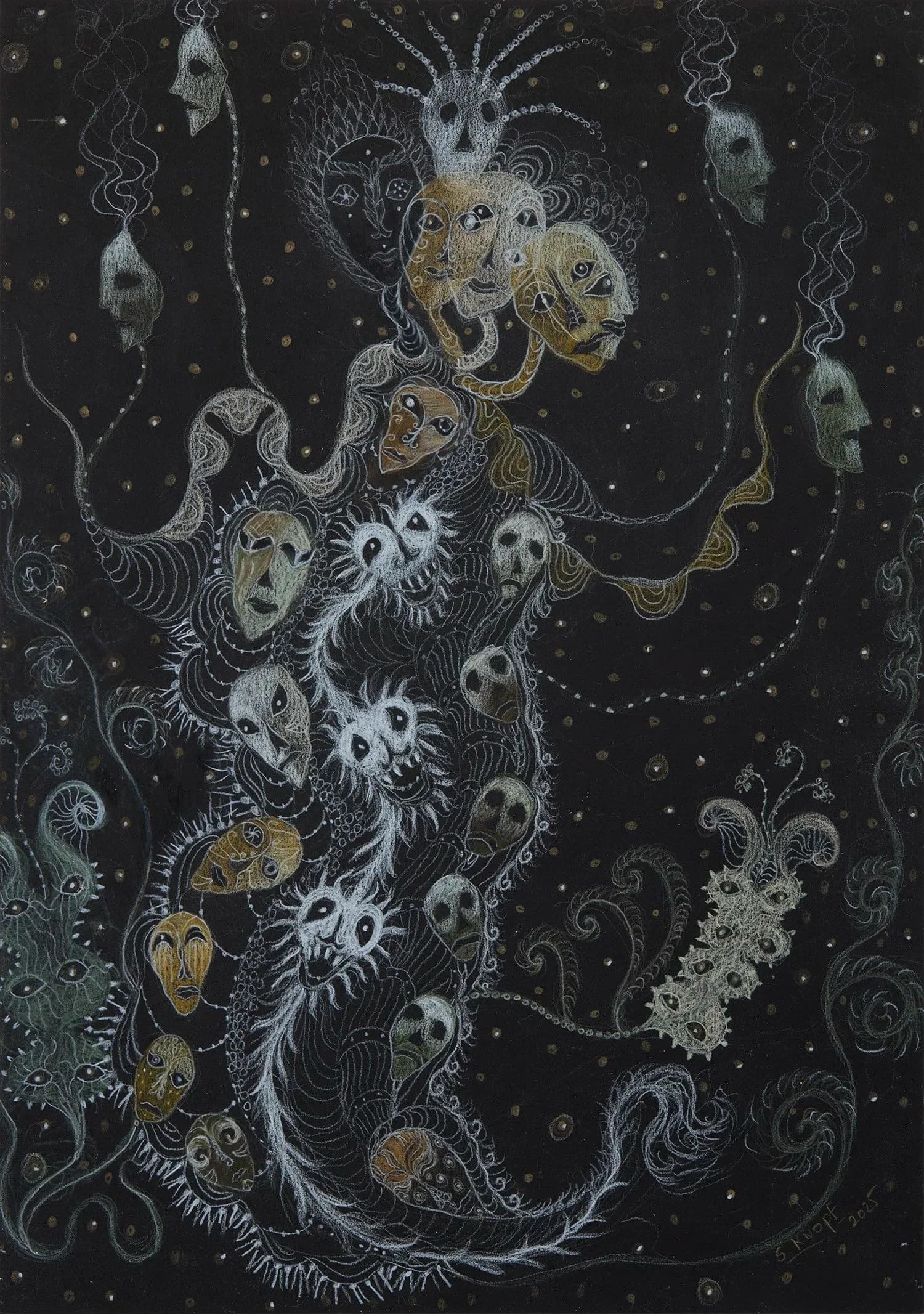 Intricate ink drawing on dark background featuring stacked faces with crown-like protrusions, ornate serpentine forms, and scattered celestial elements in white, gold, and gray tones.