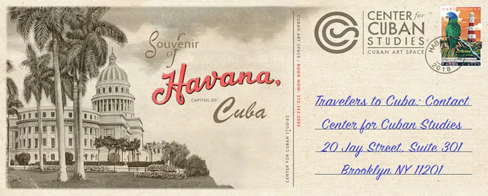 Vintage postcard design featuring Havana, Cuba with palm tree and capitol building, Center for Cuban Studies contact address and stamp.