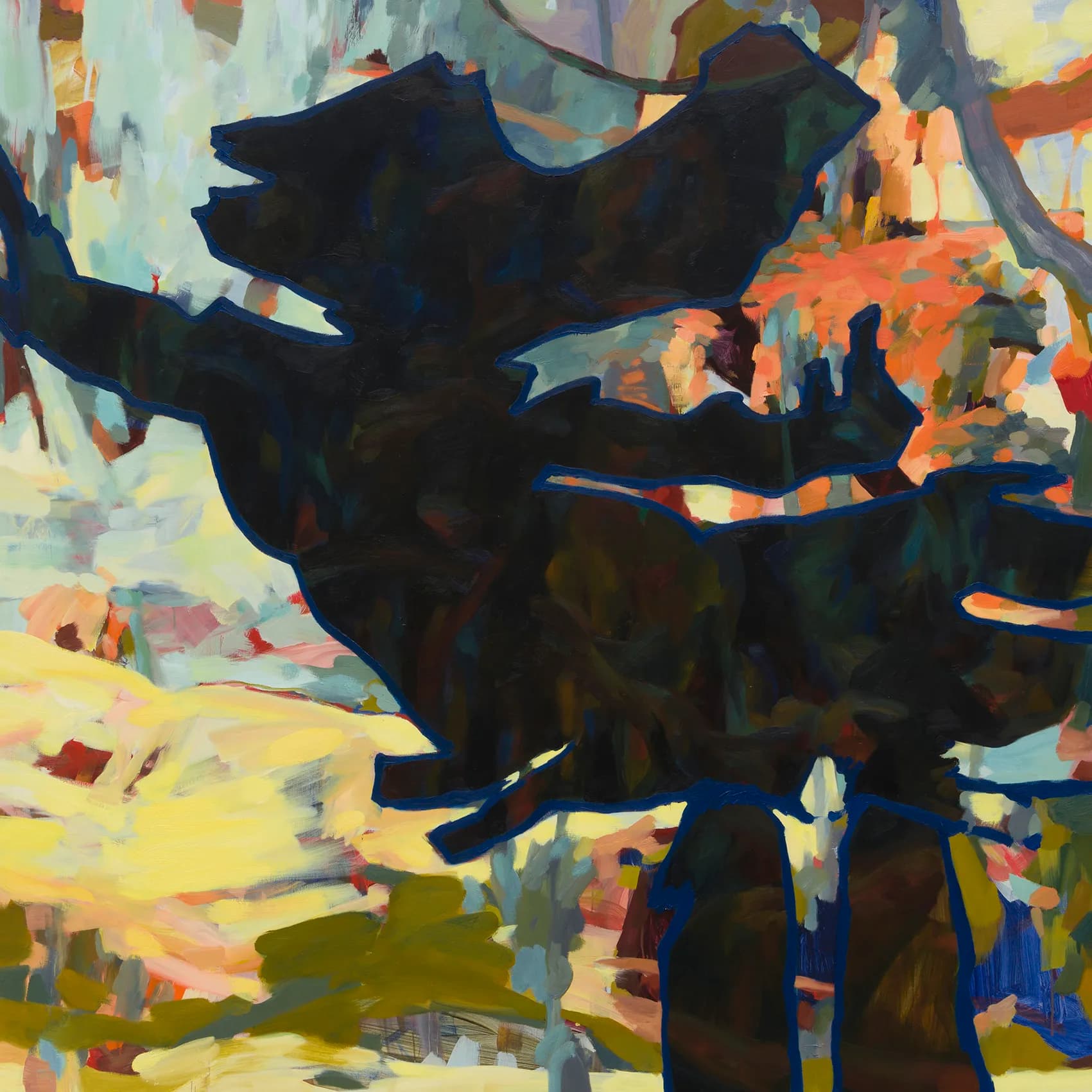 Abstract painting: dark silhouette of figure with outstretched arms against vibrant background of yellow, orange, blue, and teal gestural brushstrokes.