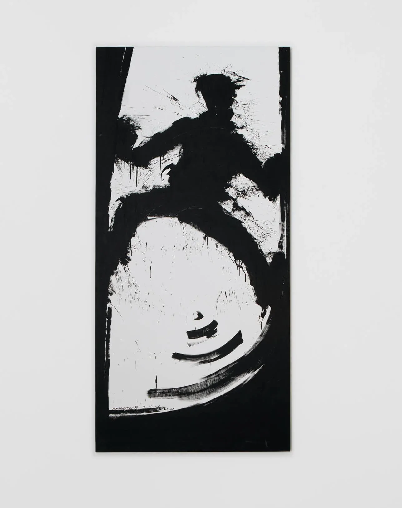 Black and white high-contrast silhouette artwork depicting a figure in dynamic pose against geometric shapes, mixed media on light background.