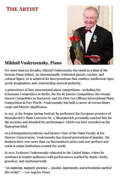 Text-heavy program page with 'The Artist' heading, portrait photo of pianist Mikhail Voskresensky in formal attire, and biographical description.