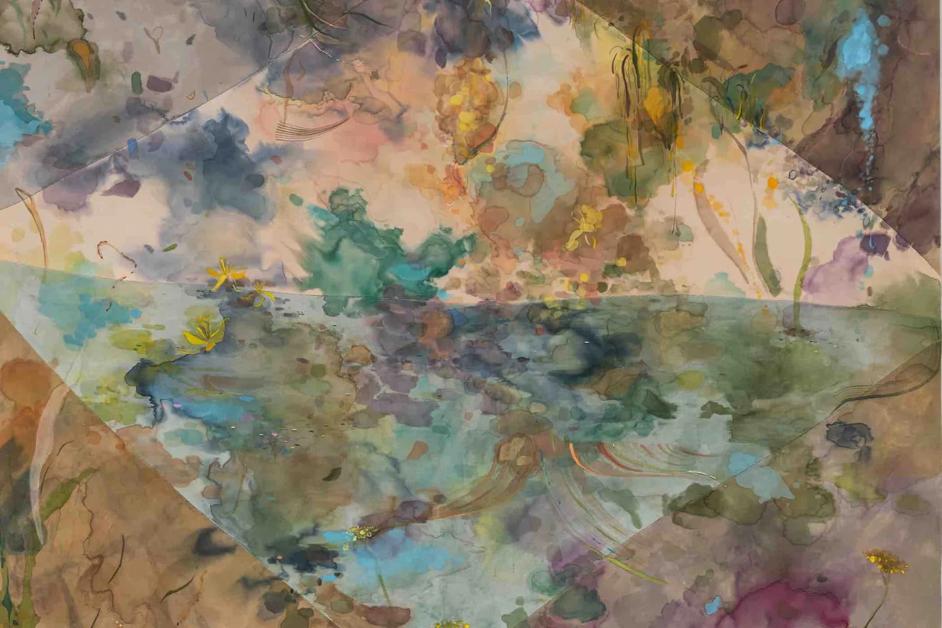 Abstract mixed-media composition with layered watercolor washes in greens, blues, purples, and earth tones, creating soft overlapping forms and gestural marks.