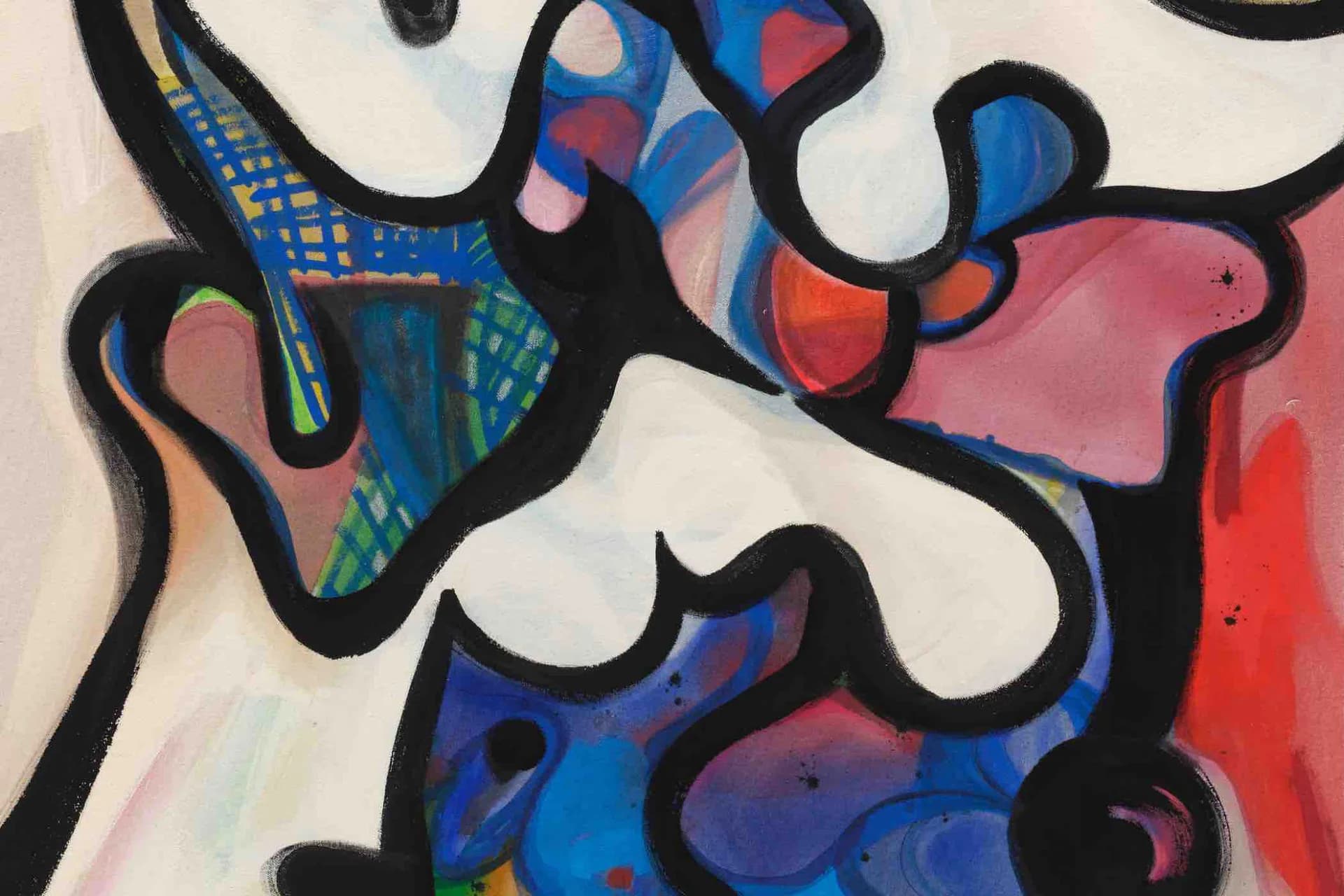 Contemporary abstract painting with bold black outlines separating vibrant compartments of blue, pink, red, and patterned fills on white ground.