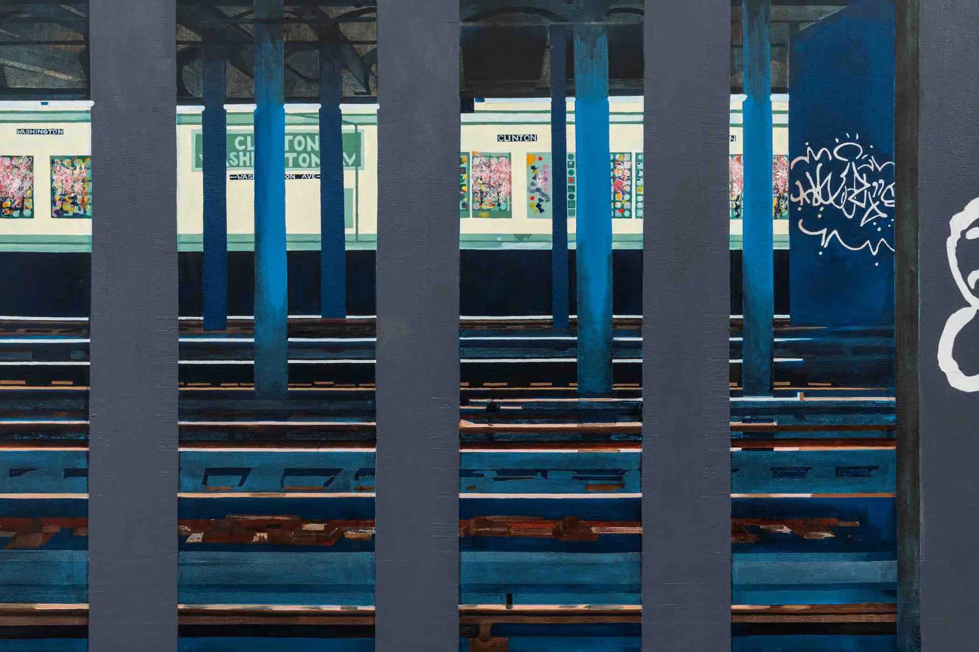 Photograph of industrial underpass or bridge interior with gray pillars, turquoise and red horizontal striping, and white graffiti marking on right side.