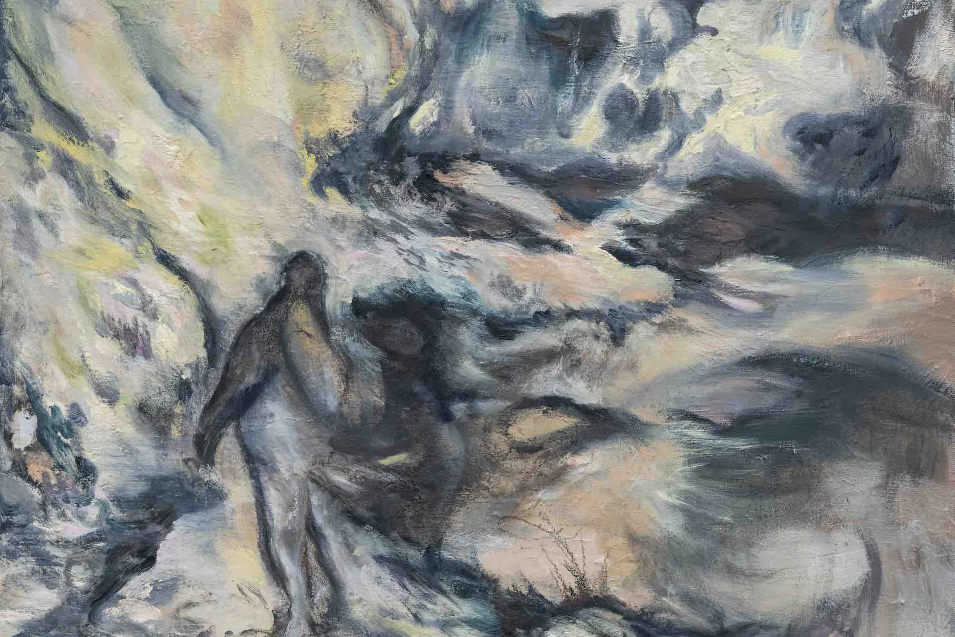 Expressionist oil painting depicting abstracted human figures in muted tones of gray, white, yellow, and dark blue with gestural brushwork.