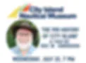 Event flyer for City Island Nautical Museum featuring a portrait photo, colorful header bar, and event details for a Wednesday July 25th talk