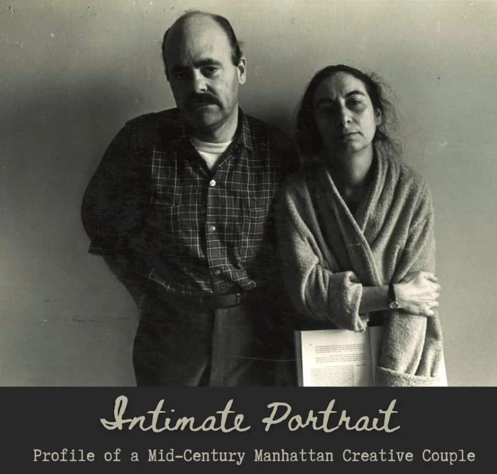 Black-and-white photograph titled 'Intimate Portrait: Profile of a Mid-Century Manhattan Creative Couple' showing two figures in mid-20th century attire.