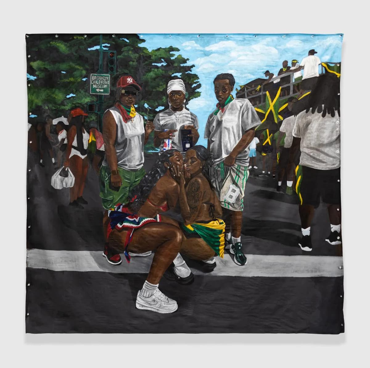 Mixed-media painting depicting a street scene with figures in casual attire, including someone in a crouching pose wearing colorful athletic gear, set against an urban backdrop with trees and onlookers.