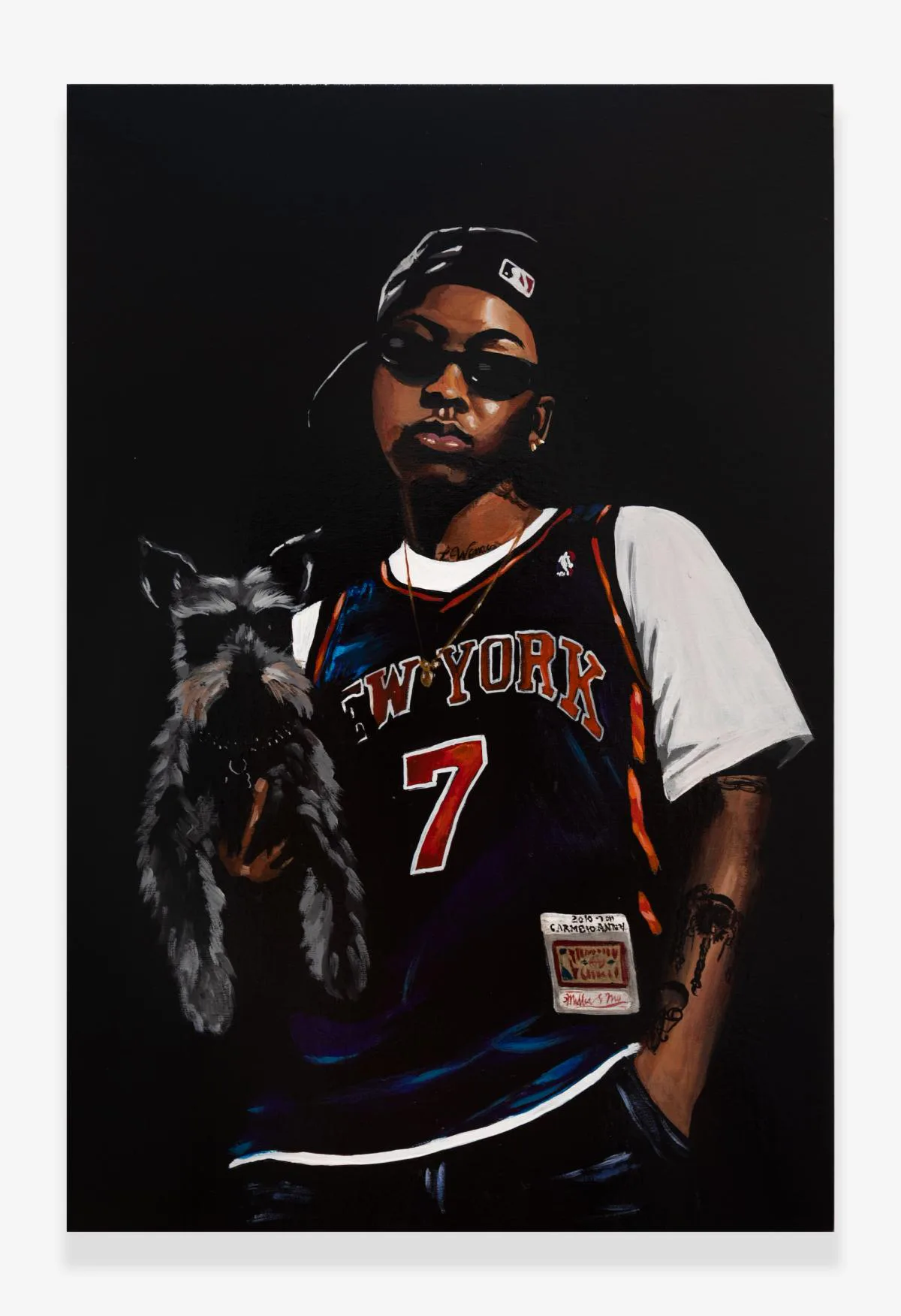 Portrait painting of a person wearing a New York Knicks basketball jersey and sunglasses, holding a small animal, rendered against a black background.